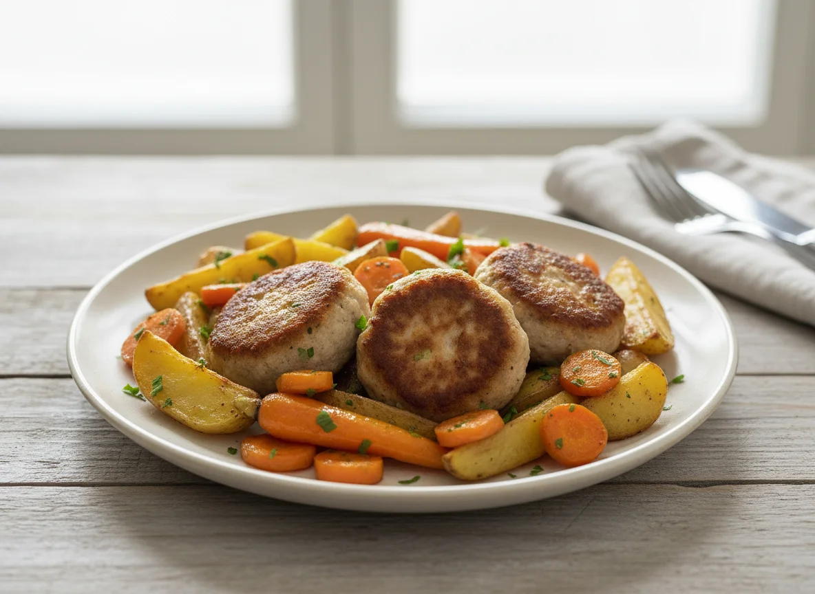 Frikadellen mit Kartoffeln und Karotten photo