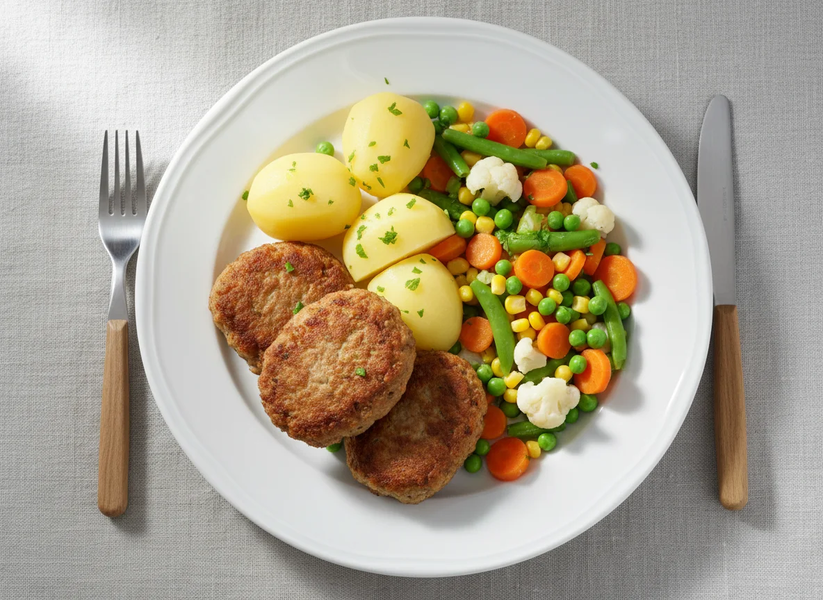 Frikadellen mit Kartoffeln und Mischgemüse photo