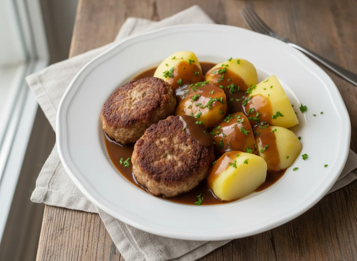 Frikadellen mit Kartoffeln und Soße photo