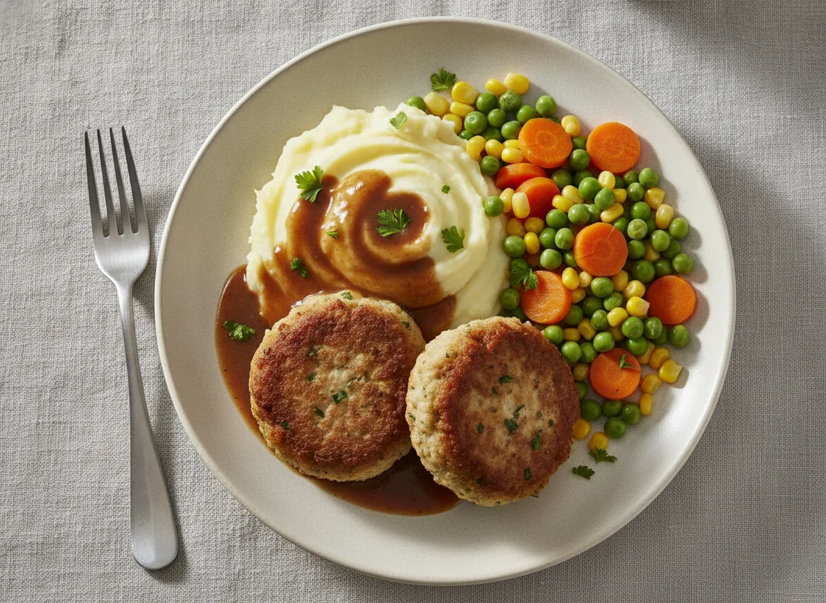 Frikadellen mit Kartoffelpüree und Gemüse photo