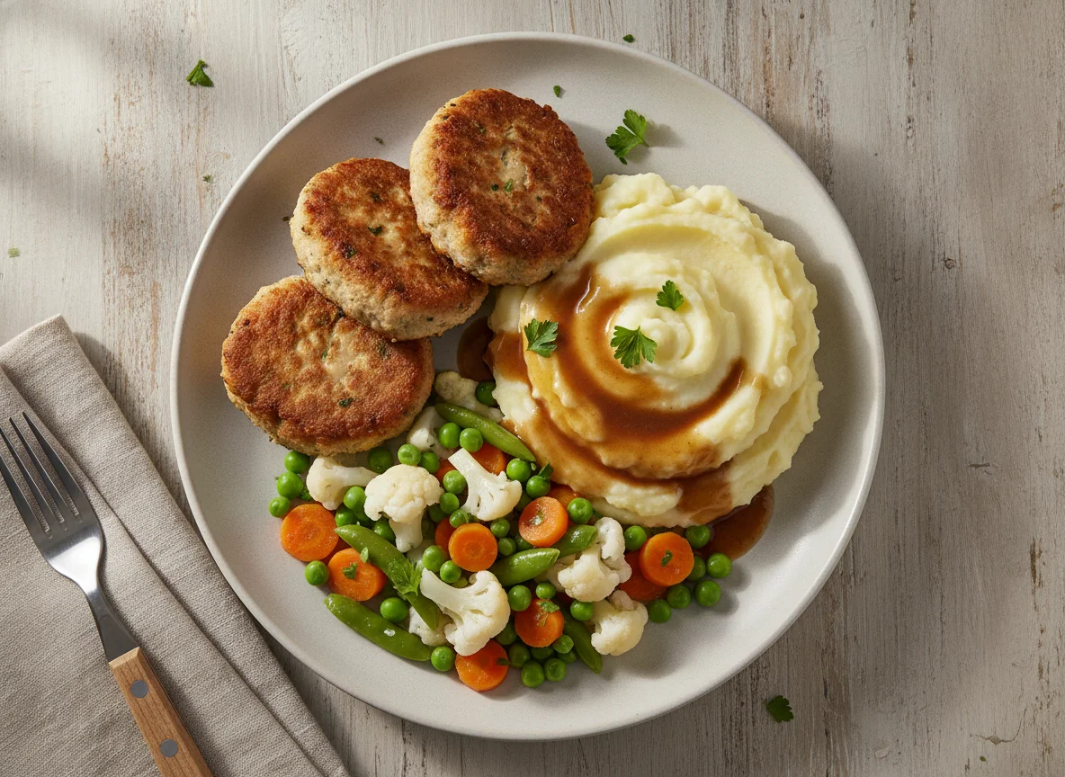 Frikadellen mit Kartoffelpüree und Mischgemüse photo