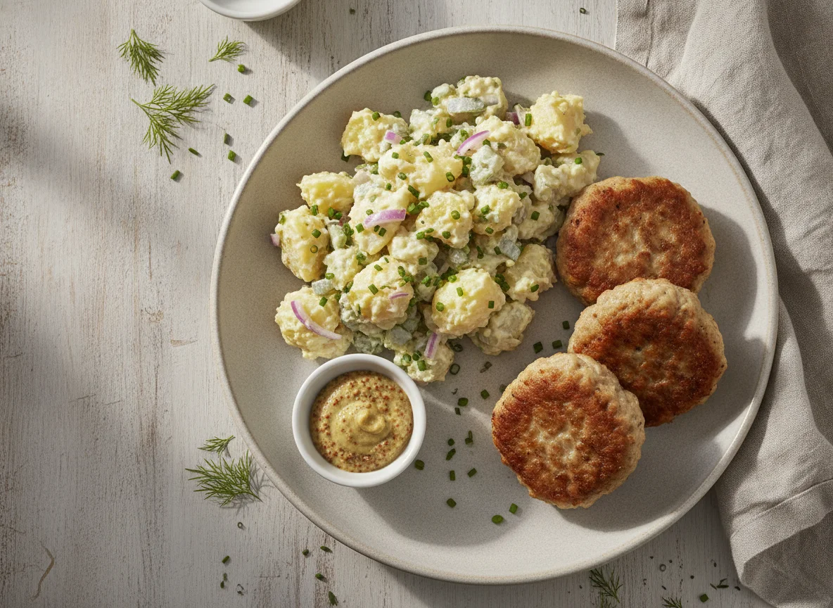 Frikadellen mit Kartoffelsalat und Senf photo