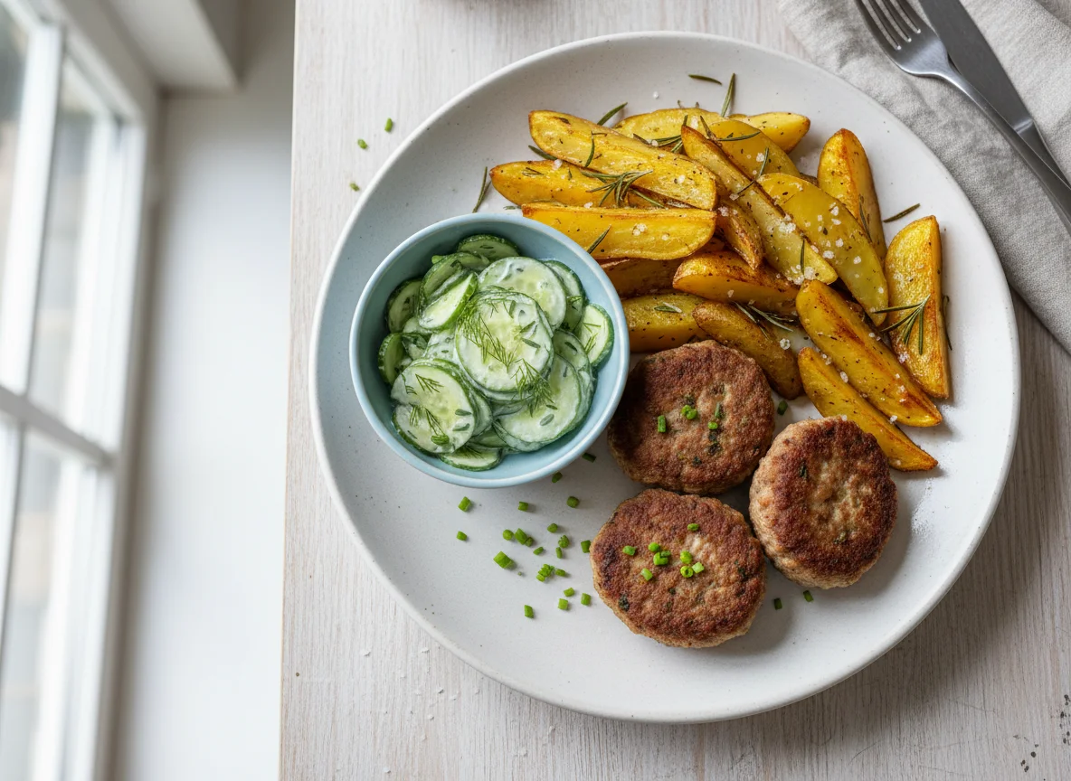 Frikadellen mit Kartoffelspalten und Gurkensalat photo
