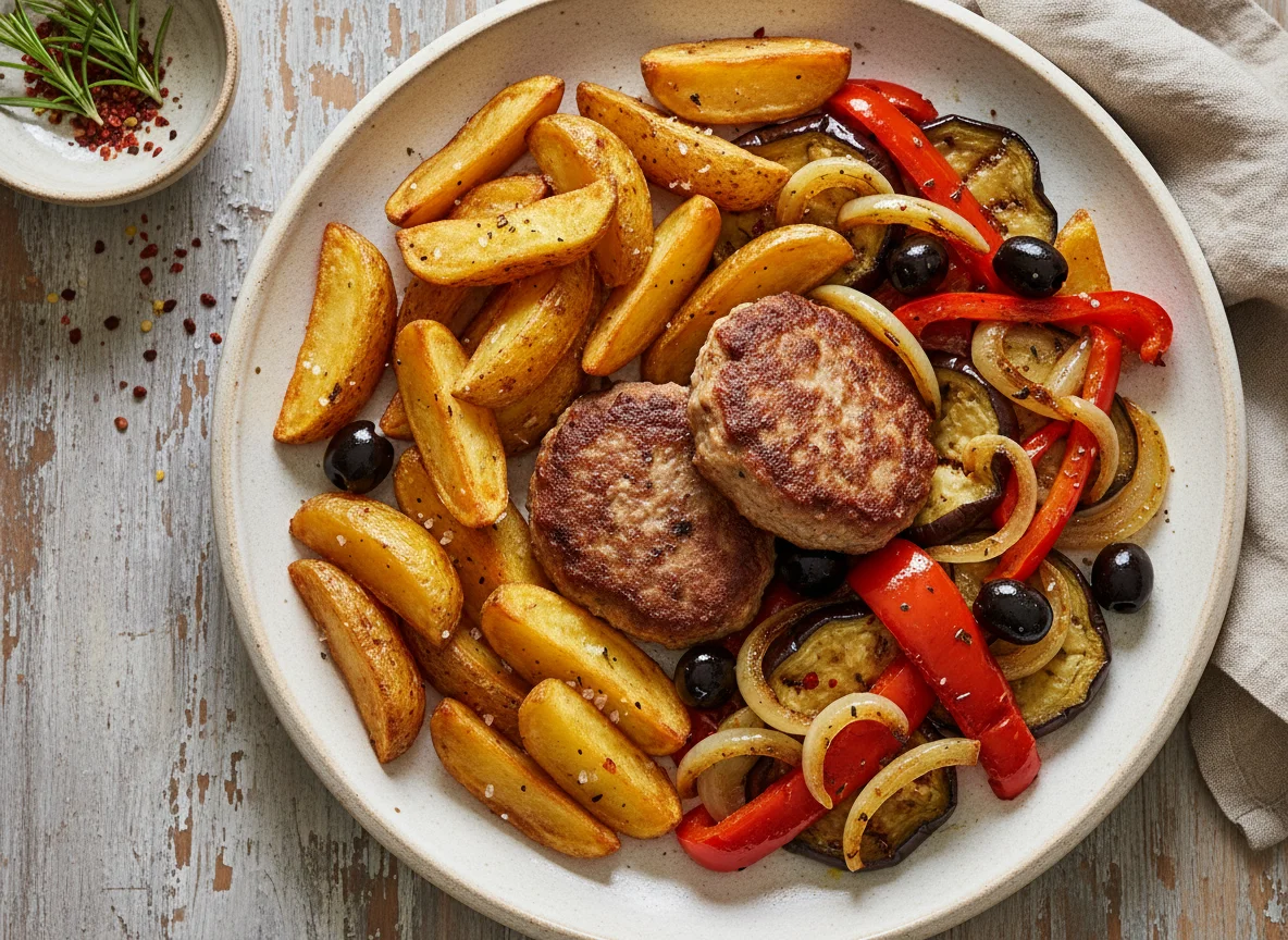 Frikadellen mit Kartoffelspalten und mediterranem Gemüse photo