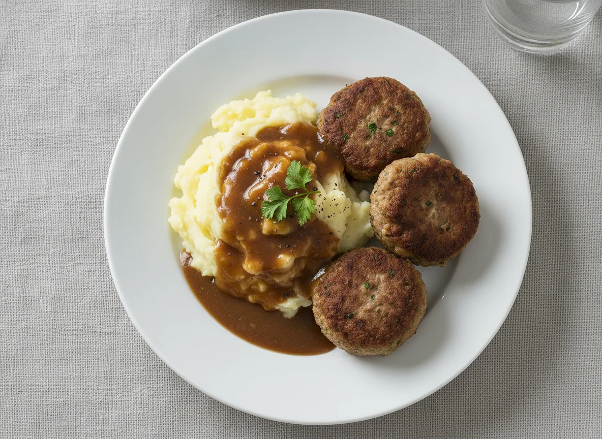 Frikadellen mit Kartoffelstampf und Bratensoße photo