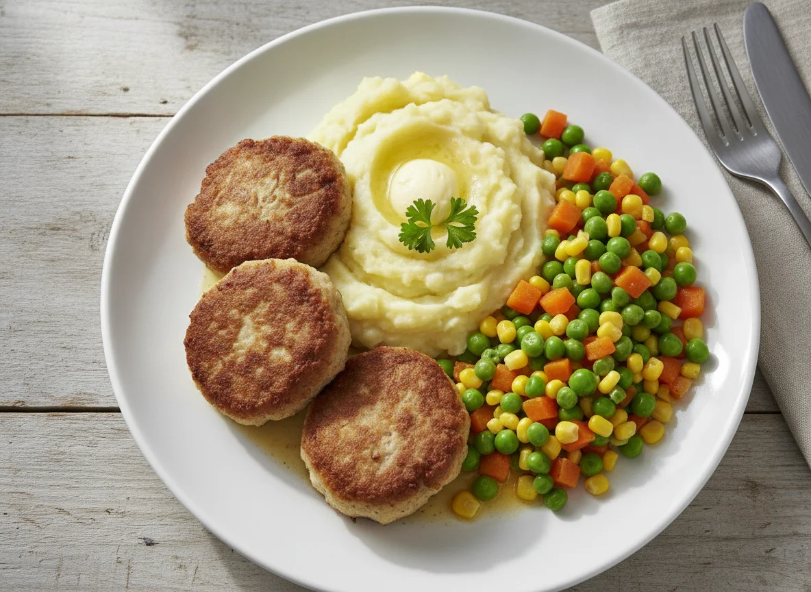 Frikadellen mit Kartoffelstampf und Mischgemüse photo