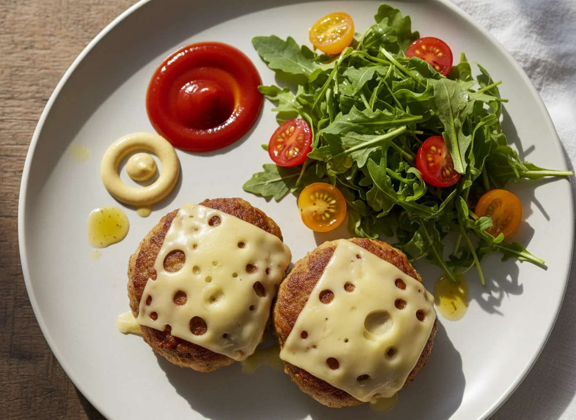 Frikadellen mit Käse, Ketchup, Senf und Rucola-Salat photo