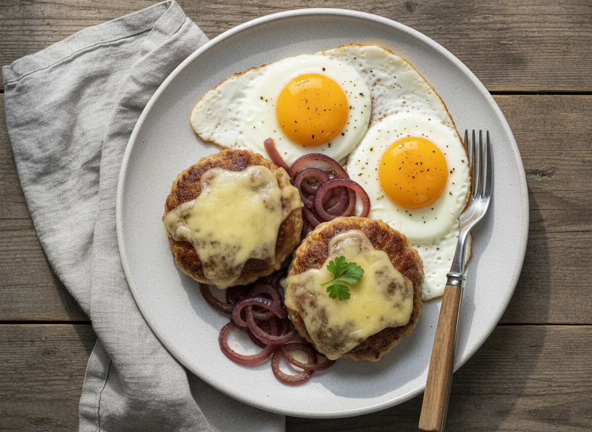 Frikadellen mit Käse und Zwiebeln, dazu Spiegeleier photo