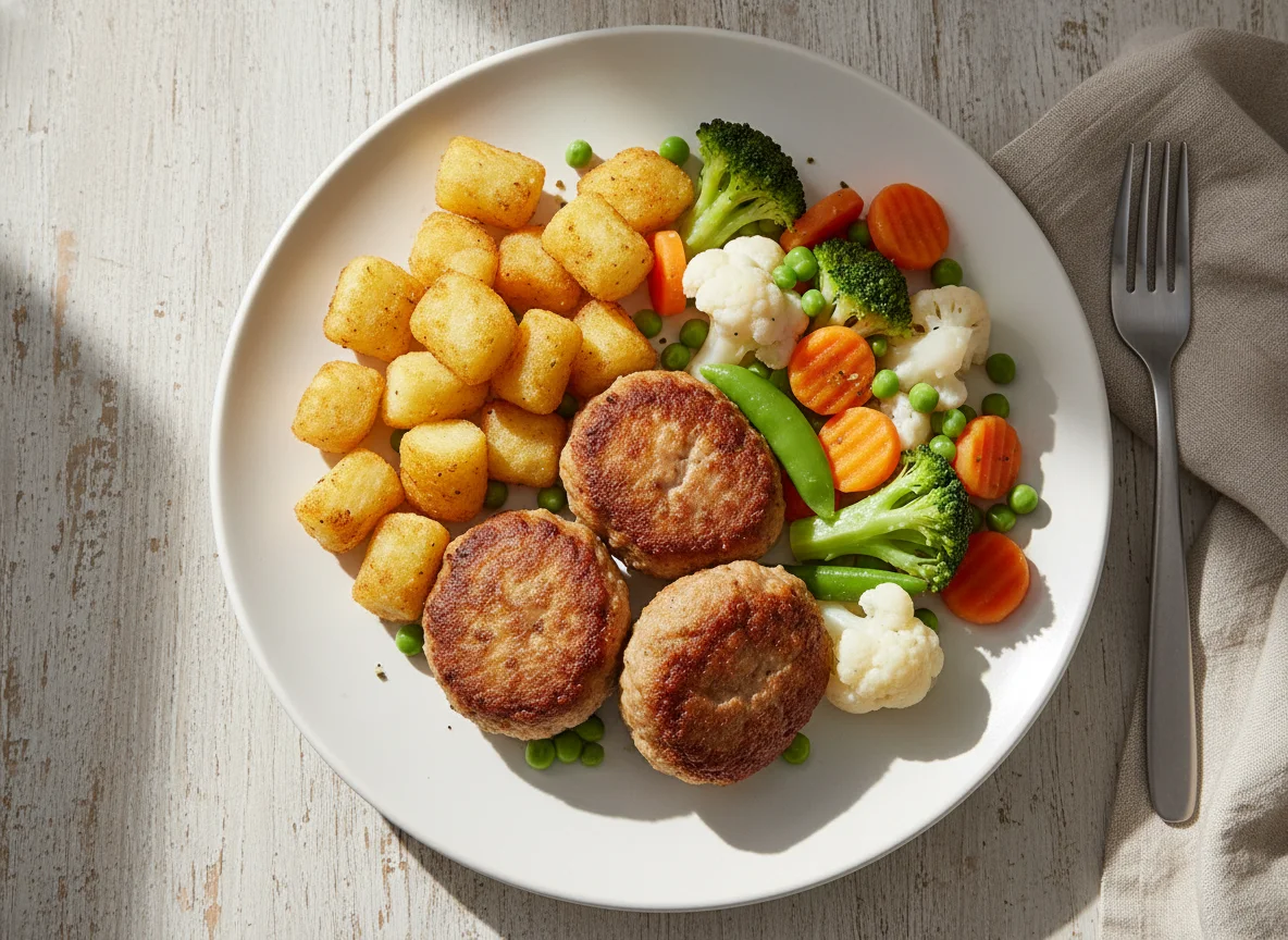 Frikadellen mit Kroketten und Gemüse photo