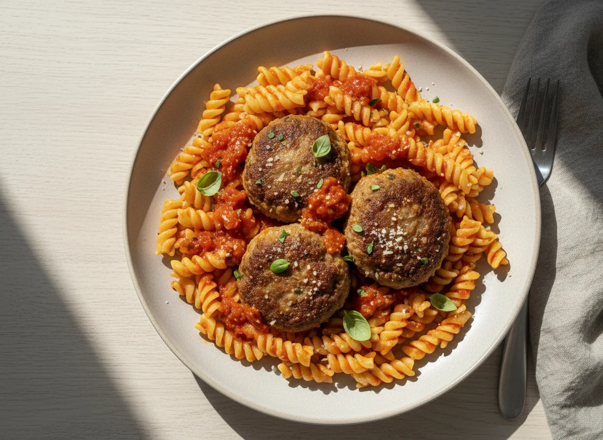 Frikadellen mit Nudeln und Tomatensauce photo