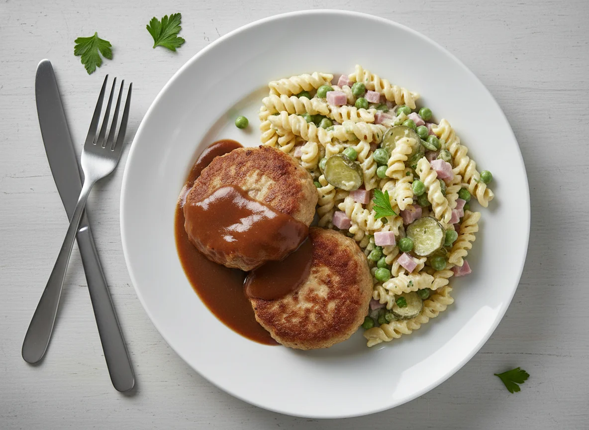 Frikadellen mit Nudelsalat und Sauce photo