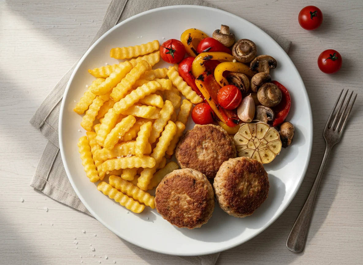 Frikadellen mit Pommes und gegrilltem Gemüse photo