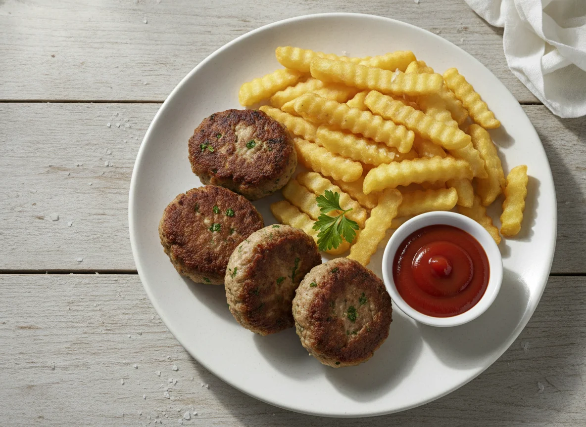 Frikadellen mit Pommes und Ketchup photo