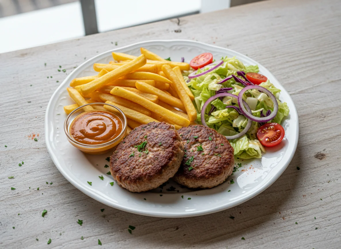 Frikadellen mit Pommes und Salat photo