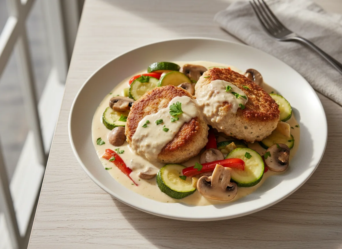 Frikadellen mit Rahmsoße und Gemüse photo