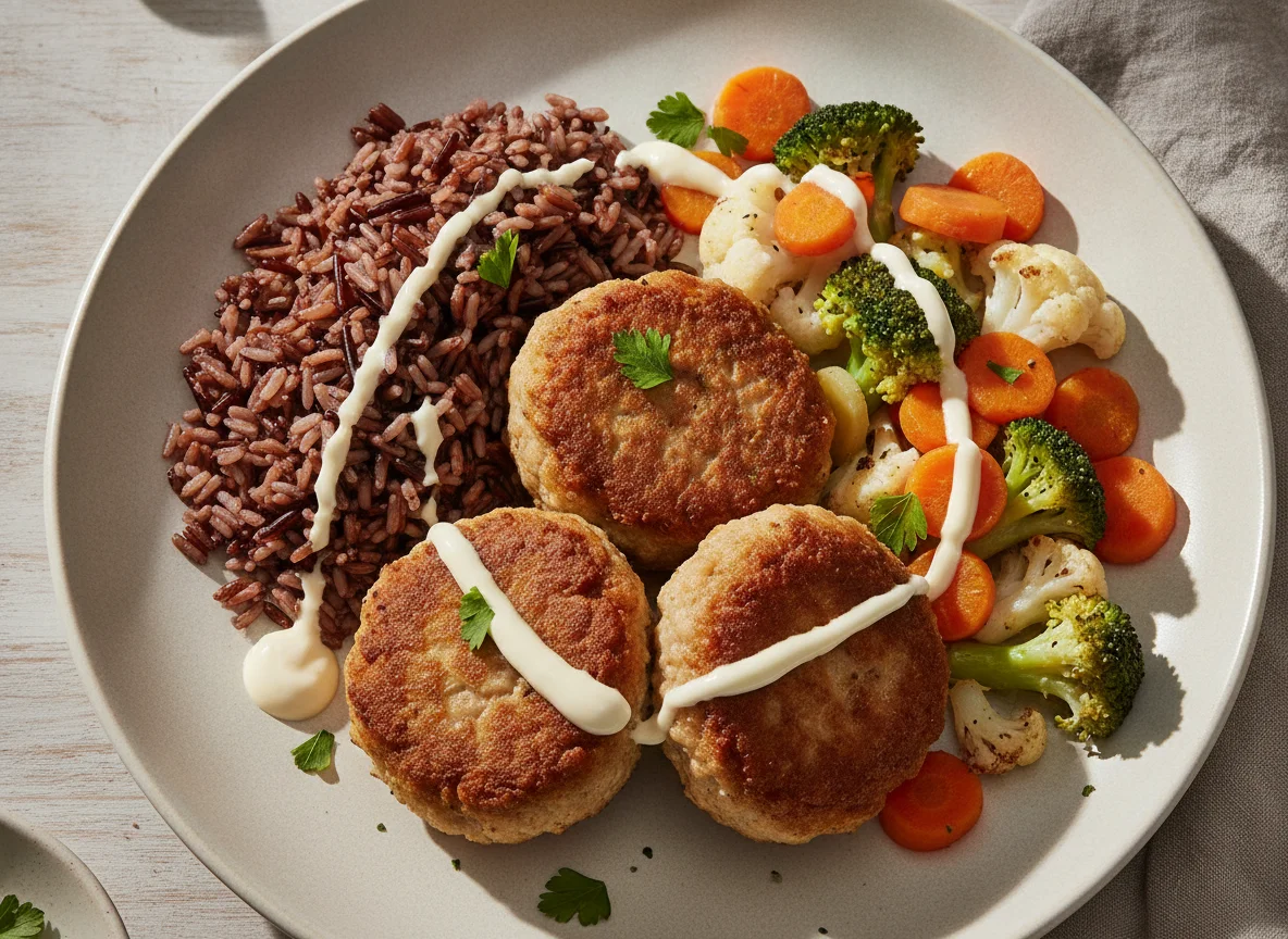 Frikadellen mit Reis, Gemüse und Sauce photo