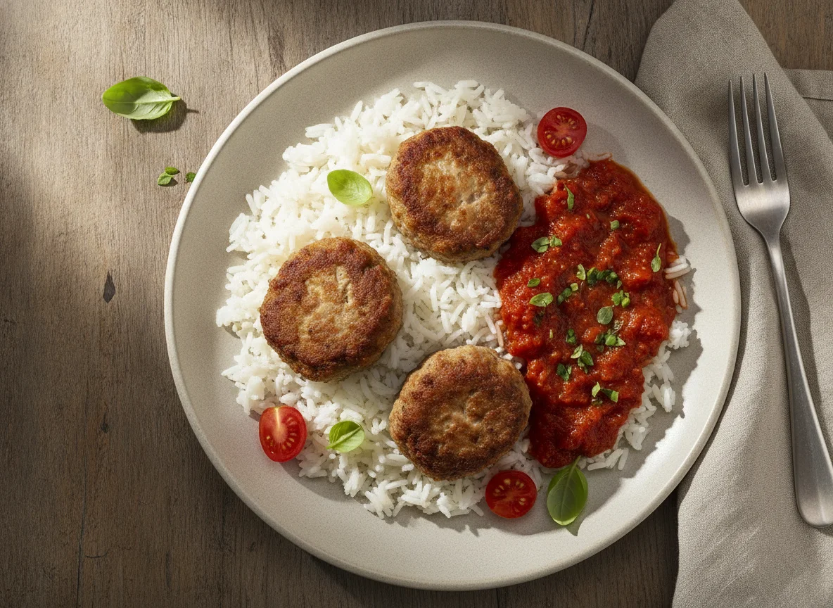 Frikadellen mit Reis und Tomatensauce photo
