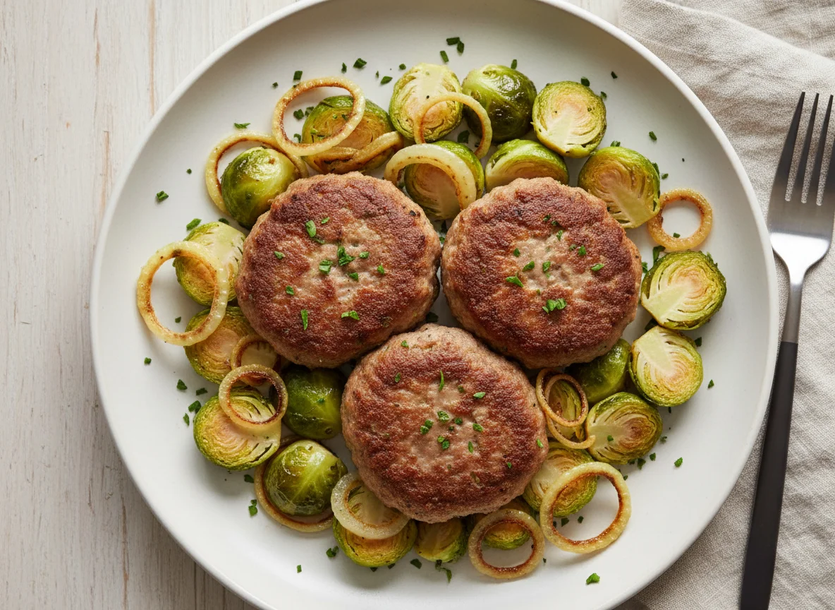 Frikadellen mit Rosenkohl und gebratenen Zwiebeln photo