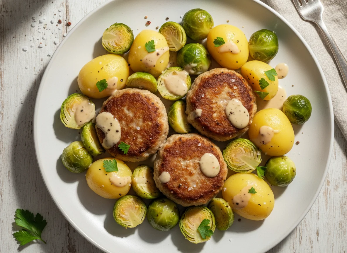 Frikadellen mit Rosenkohl und Kartoffeln photo