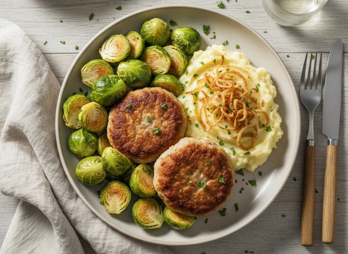 Frikadellen mit Rosenkohl und Röstzwiebeln photo