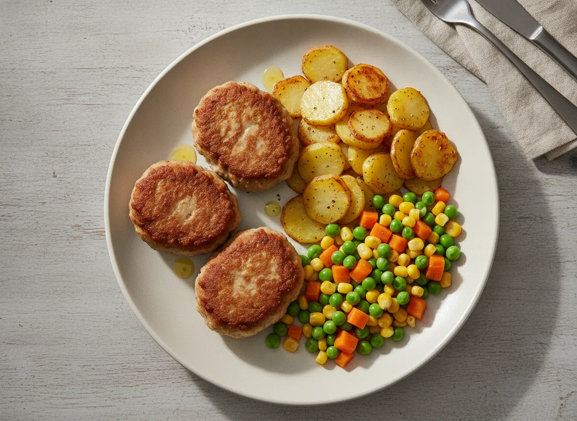Frikadellen mit Röstkartoffeln und Mischgemüse photo