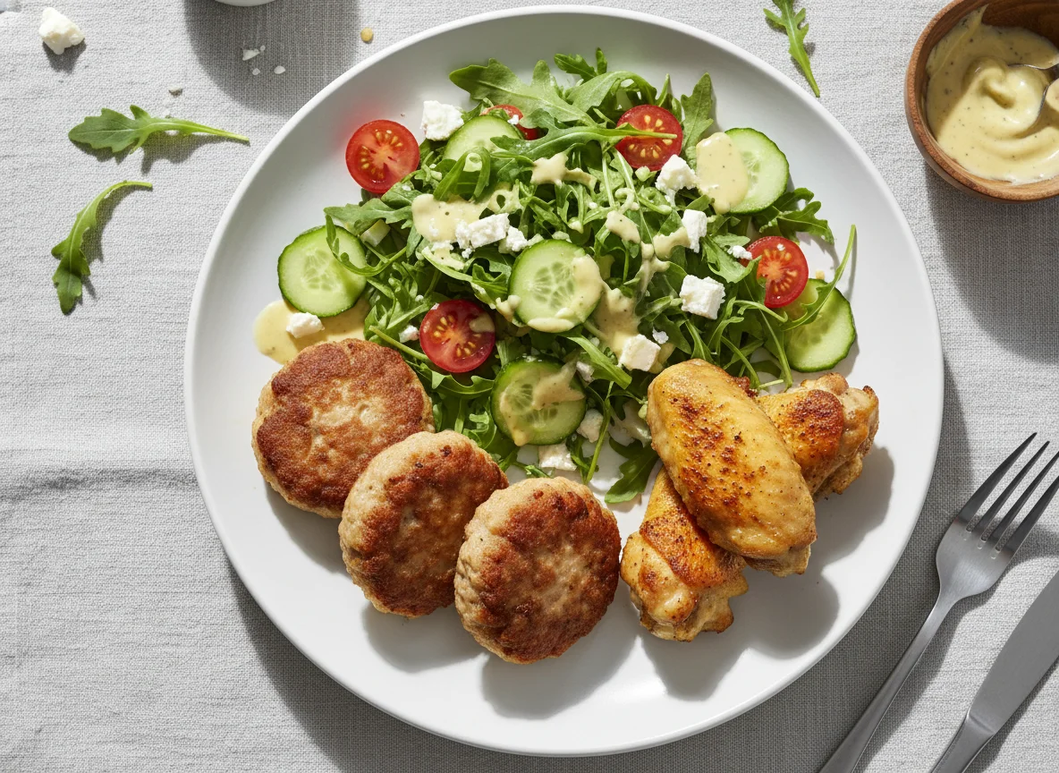Frikadellen mit Salat und Hähnchenflügeln photo