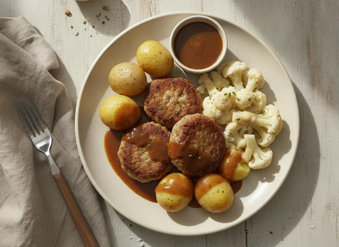 Frikadellen mit Salzkartoffeln, Blumenkohl und Bratensoße photo
