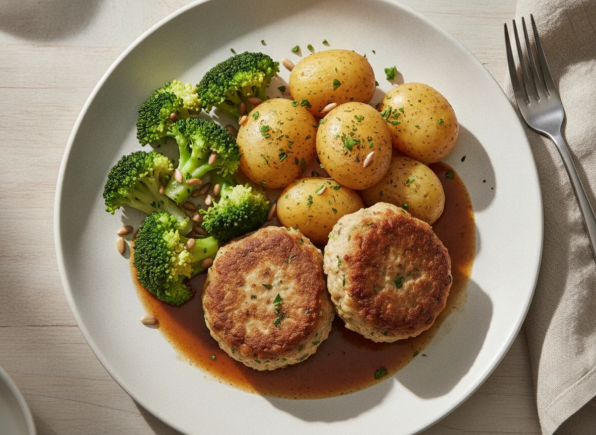 Frikadellen mit Salzkartoffeln, Brokkoli und Bratensoße photo