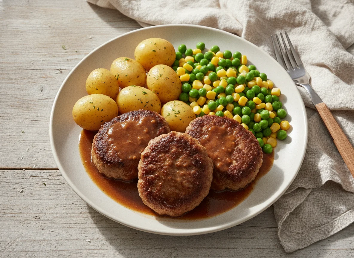 Frikadellen mit Salzkartoffeln, Erbsen und Mais photo