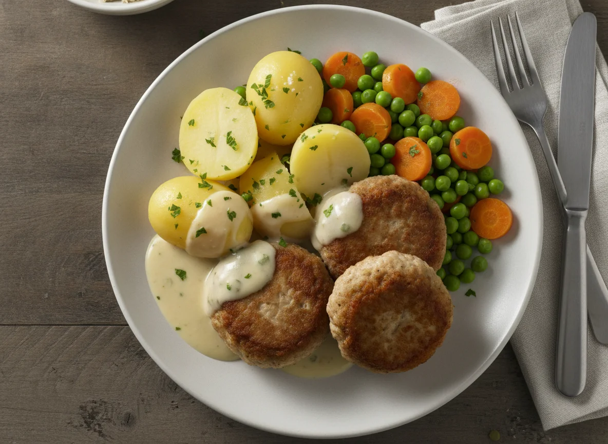 Frikadellen mit Salzkartoffeln, Erbsen und Möhren photo