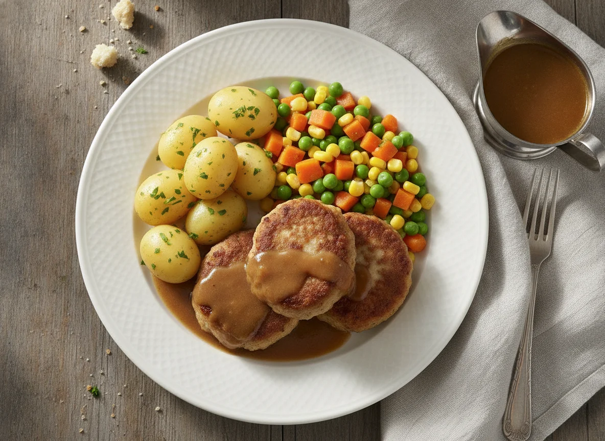 Frikadellen mit Salzkartoffeln, Mischgemüse und Bratensoße photo