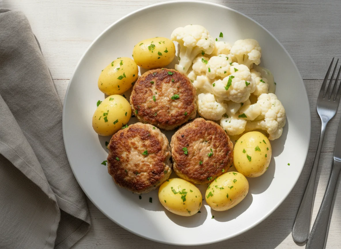 Frikadellen mit Salzkartoffeln und Blumenkohl photo
