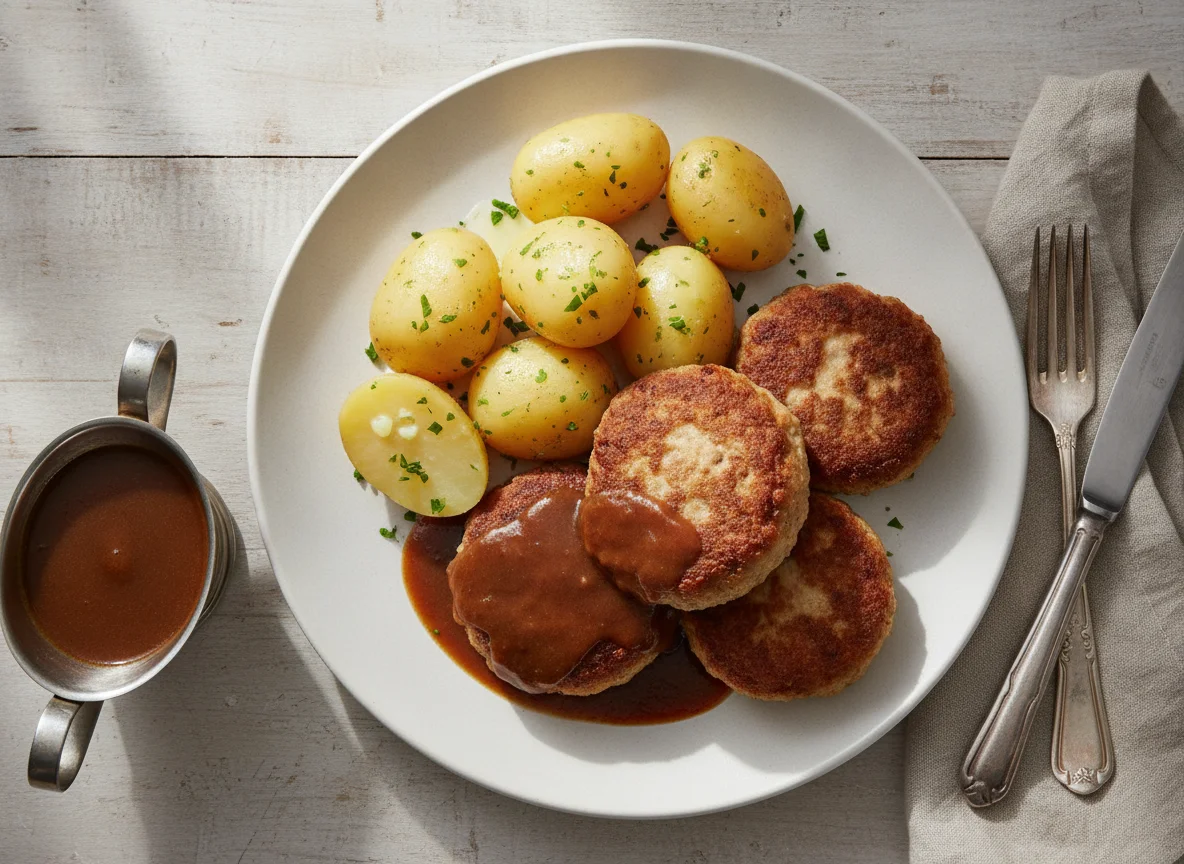 Frikadellen mit Salzkartoffeln und Bratensoße photo