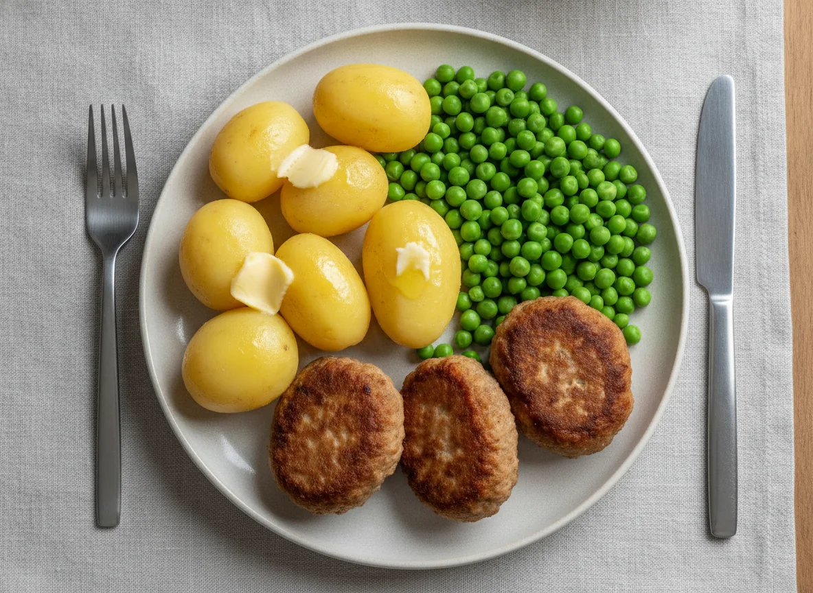Frikadellen mit Salzkartoffeln und Erbsen photo