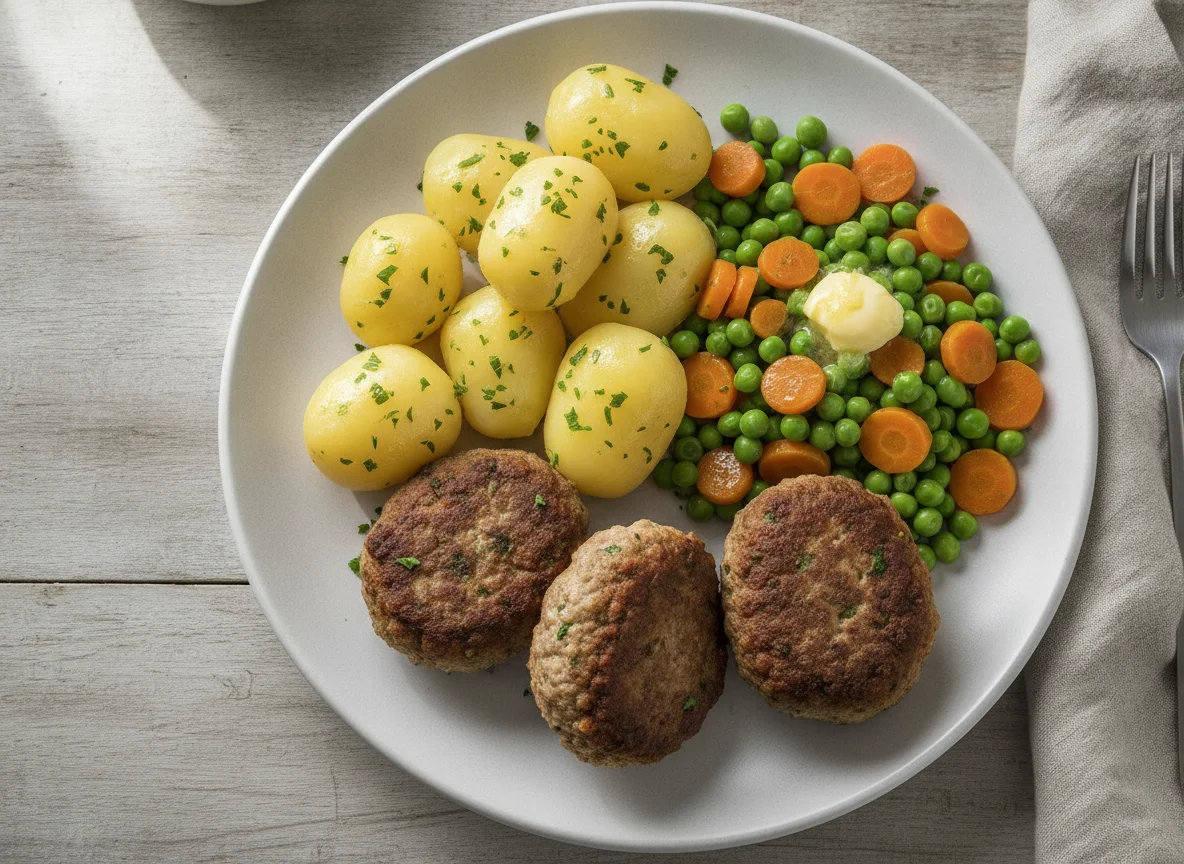 Frikadellen mit Salzkartoffeln und Erbsen-Möhren-Gemüse photo
