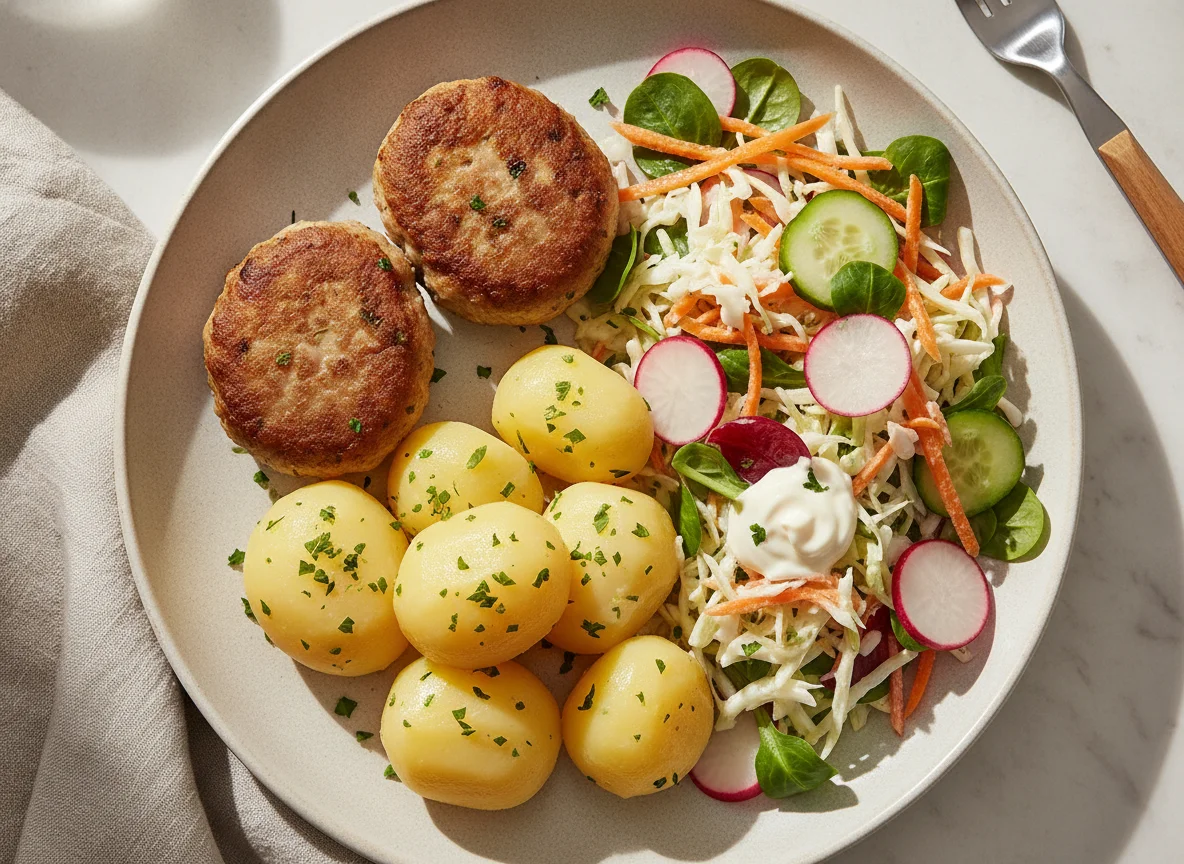 Frikadellen mit Salzkartoffeln und gemischtem Salat photo