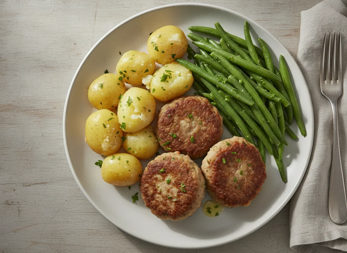 Frikadellen mit Salzkartoffeln und grünen Bohnen photo