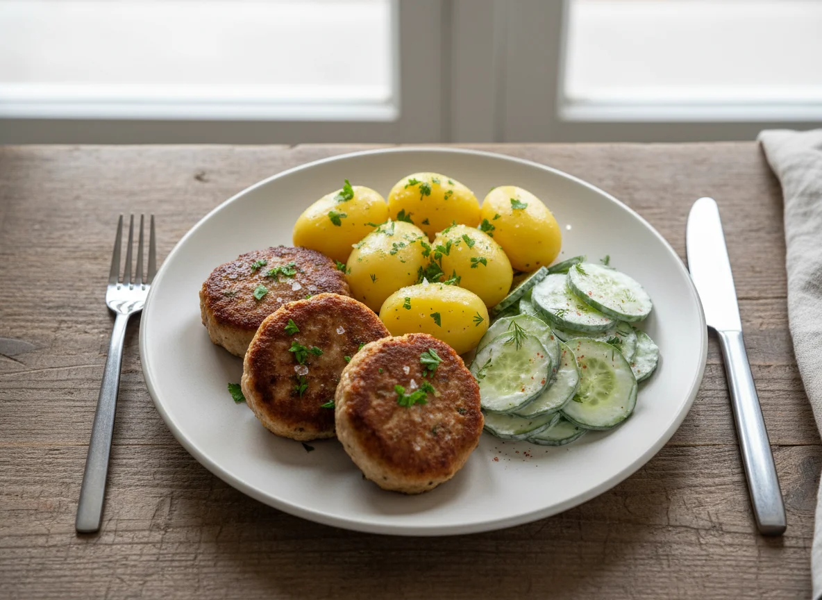 Frikadellen mit Salzkartoffeln und Gurkensalat photo