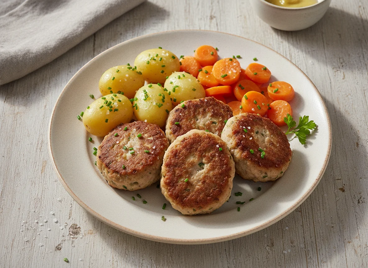 Frikadellen mit Salzkartoffeln und Karotten photo