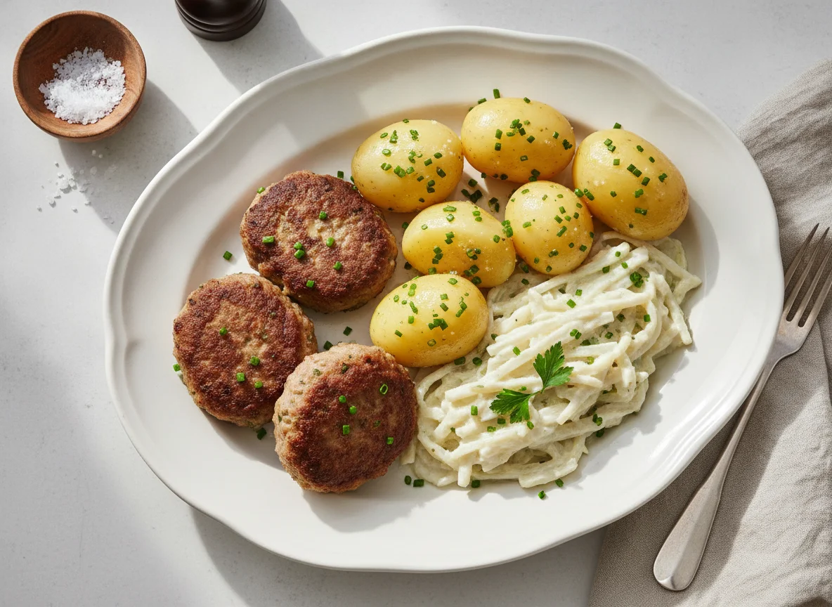 Frikadellen mit Salzkartoffeln und Rahmgemüse photo