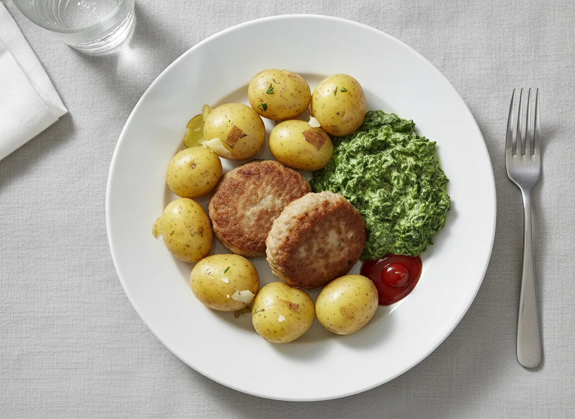 Frikadellen mit Salzkartoffeln und Rahmspinat photo