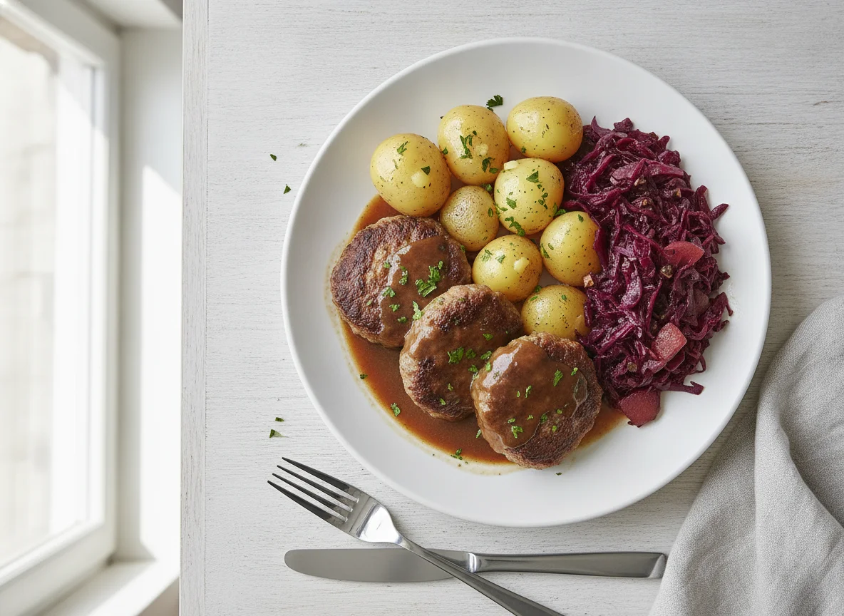 Frikadellen mit Salzkartoffeln und Rotkohl photo