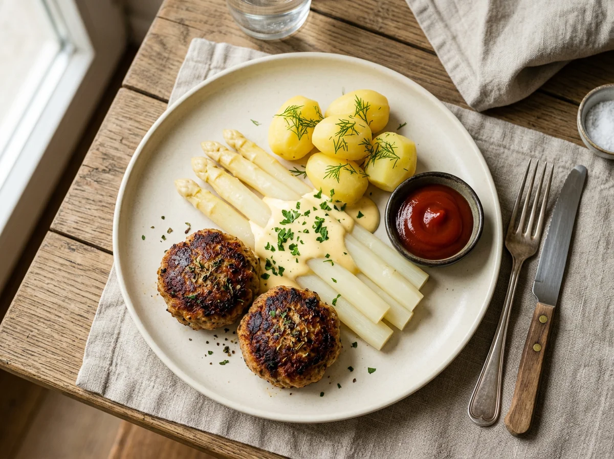 Frikadellen mit Spargel, Kartoffeln und Sauce Hollandaise photo
