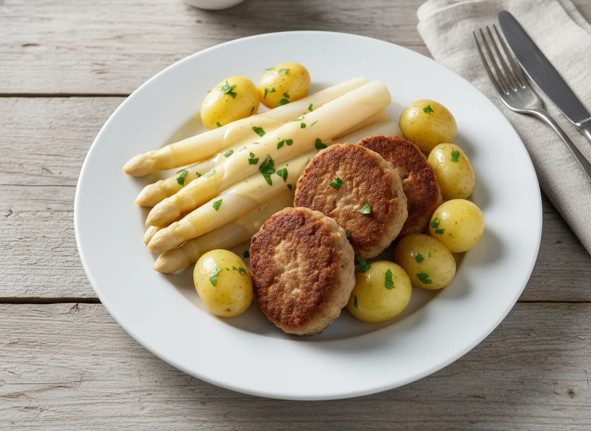 Frikadellen mit Spargel und Kartoffeln photo