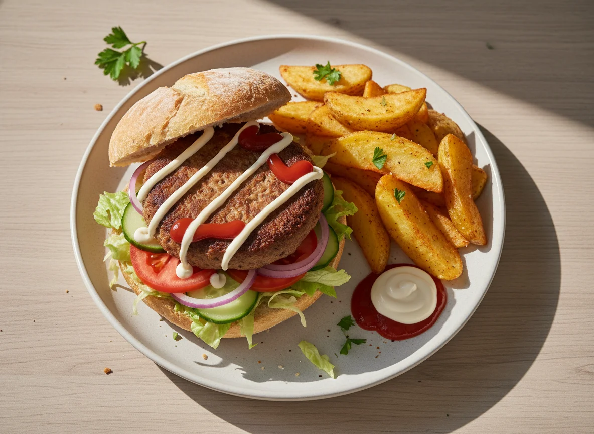 Frikadellenbrötchen mit Kartoffelspalten photo