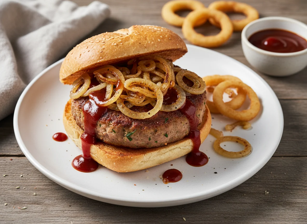 Frikadellenbrötchen mit Zwiebeln und BBQ-Sauce photo