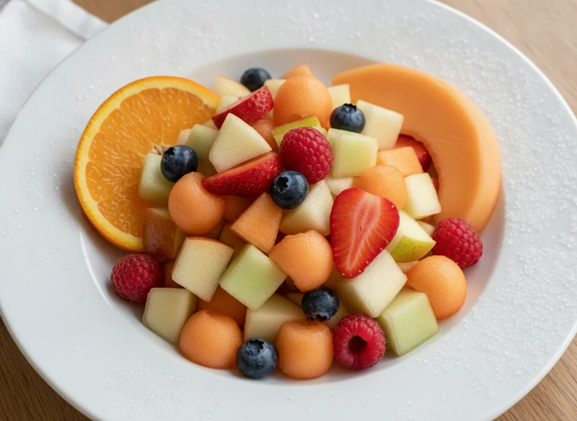 Frischer Obstsalat mit Beeren und Melone photo