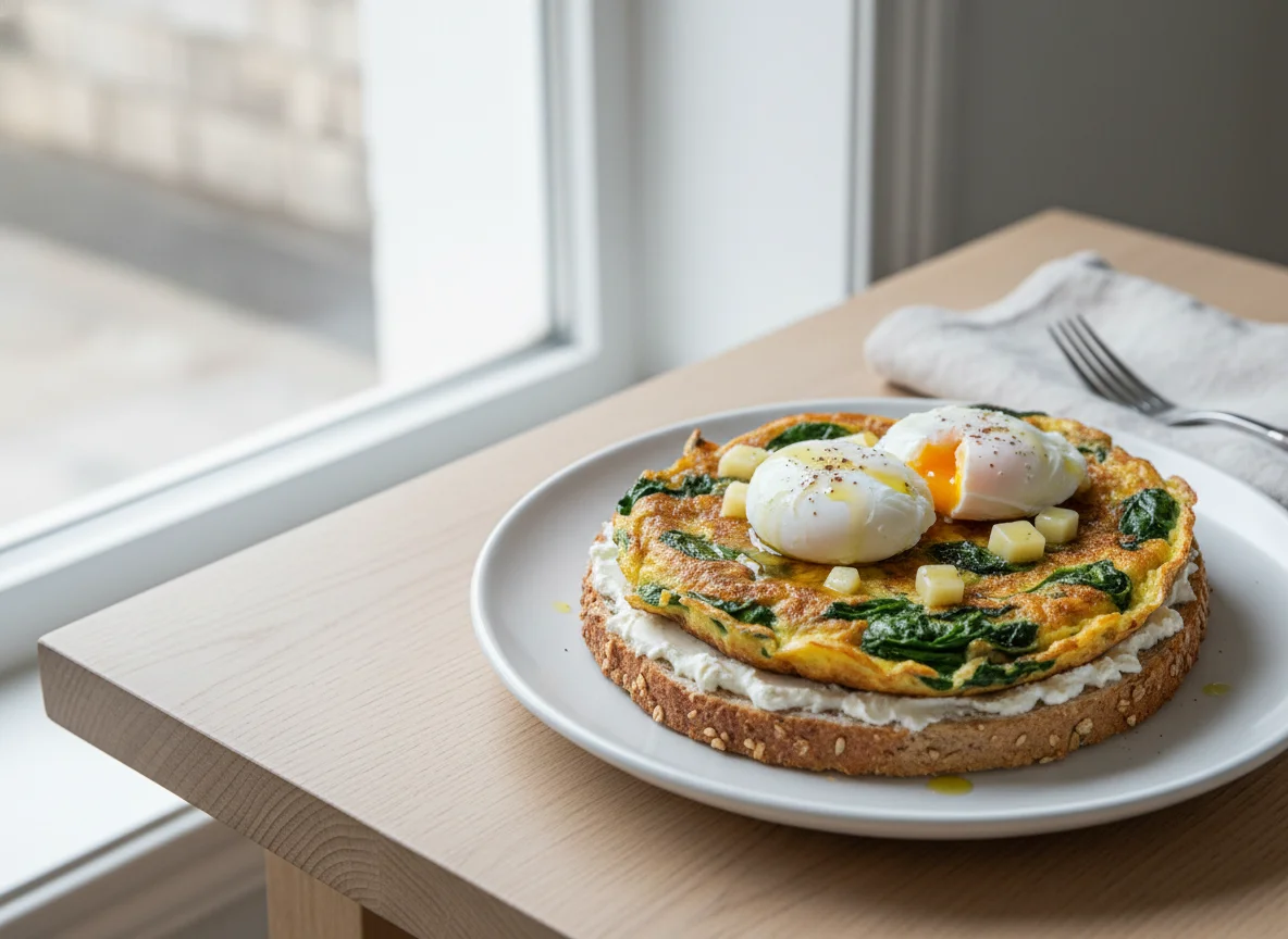 Frittata mit Spinat und pochierten Eiern auf Brot photo
