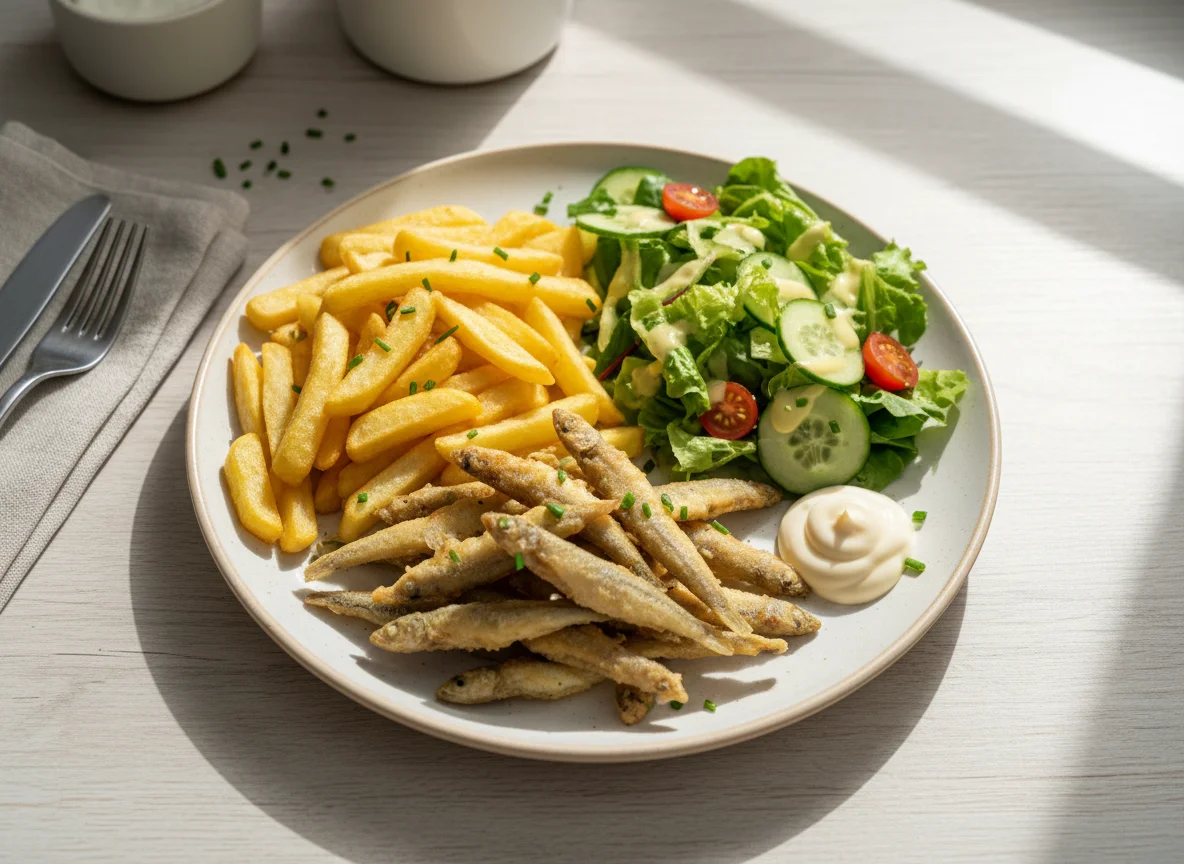 Frittierte Fische mit Pommes und Salat photo