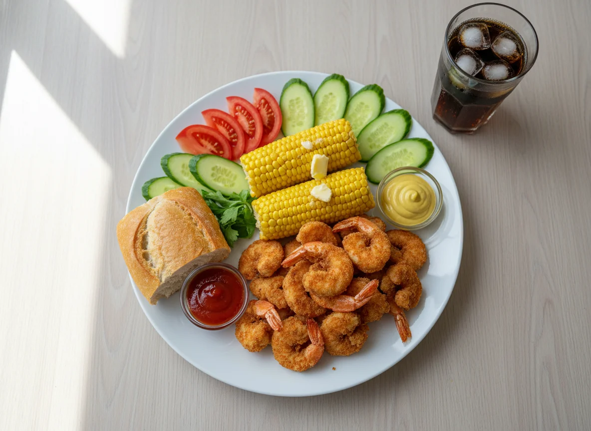 Frittierte Garnelen mit Maiskolben und Beilagen photo